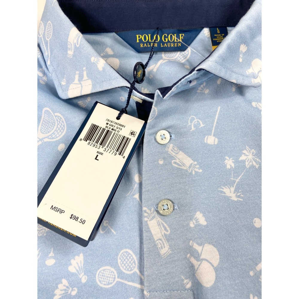 Polo Golf Ralph Lauren Shirt Blue Large With Bicycles Rackets Palm Trees Preppy - Picture 3 of 12
